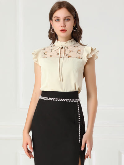 Tie Ruffle Stand Collar Contrast Lace Panel Short Sleeve Blouse