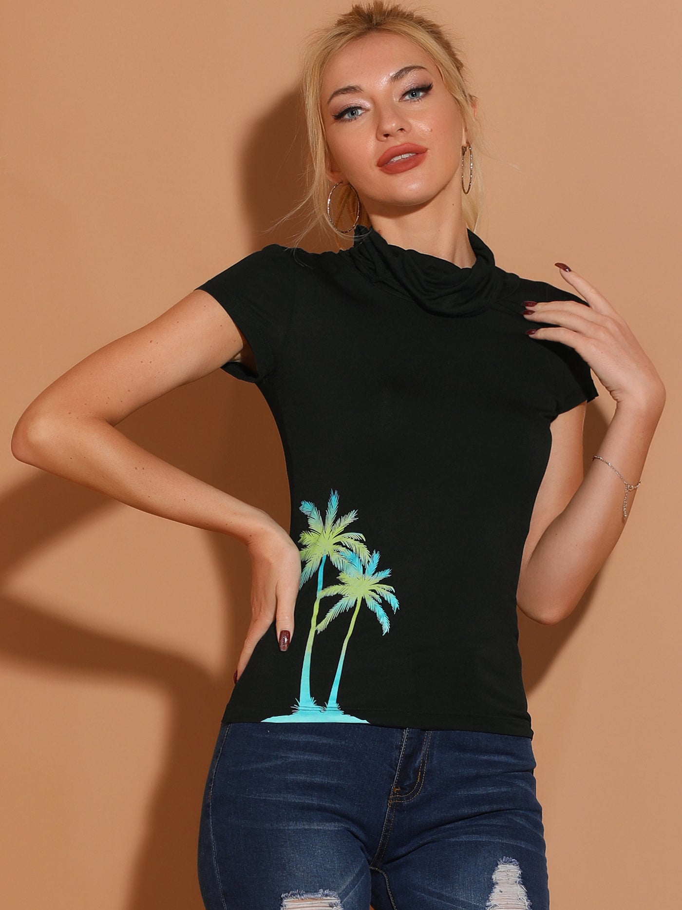 Allegra K Short Sleeve Turtle Neck Tropical Coconut Tree Print T-shirt