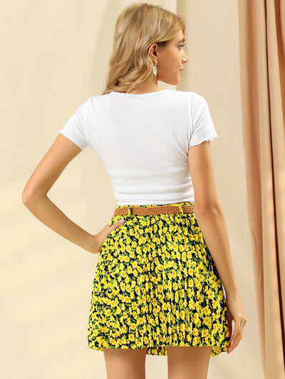 Pleat Mini Skater Elastic Waist A-Line Floral Skirt with Belt