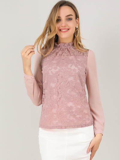See Through Tops Chiffon Sleeve Ruffle Frill Neck Floral Lace Blouse