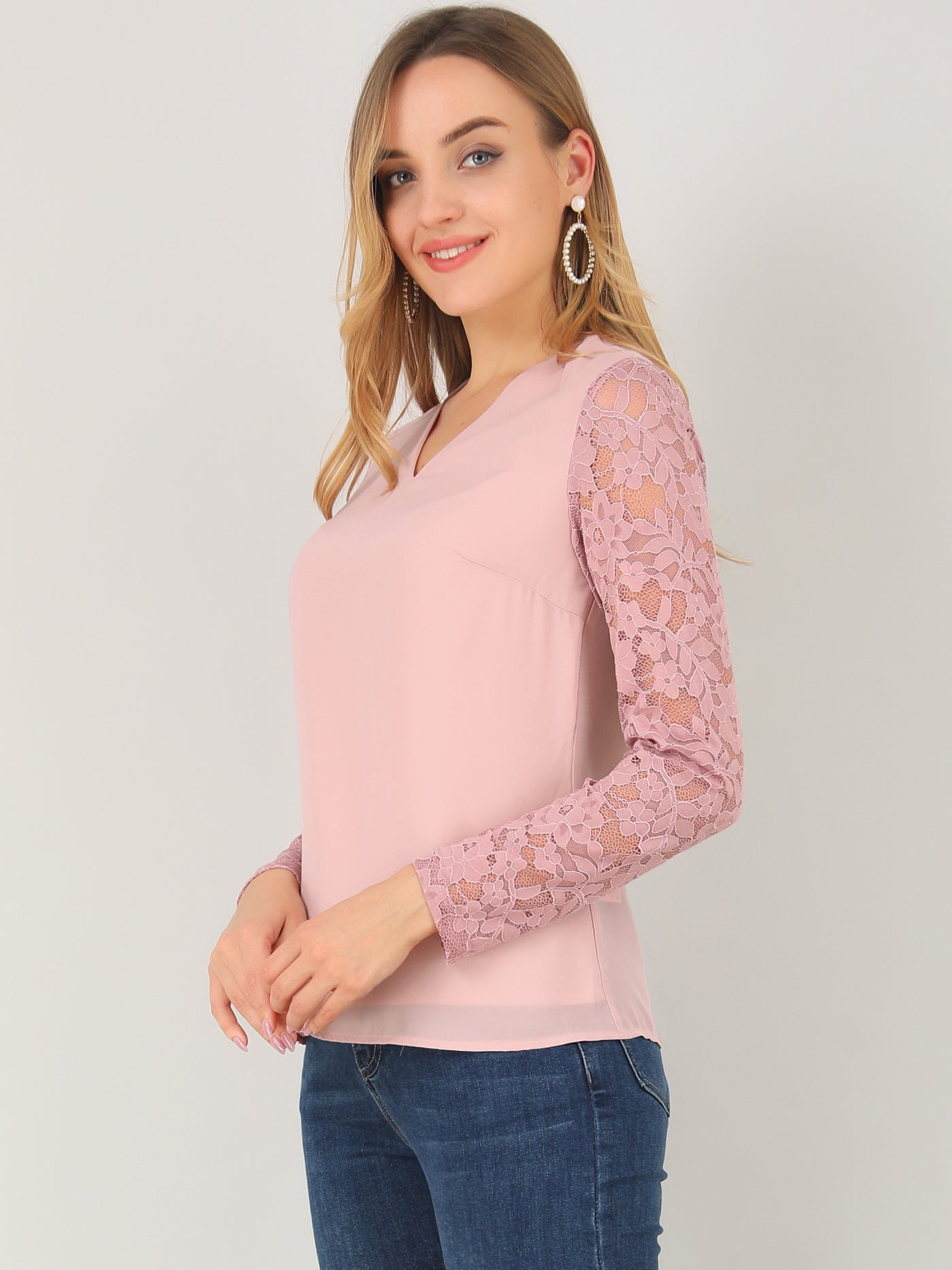 Allegra K Chiffon V Neck Top Casual Relax Lace Sleeve Blouse