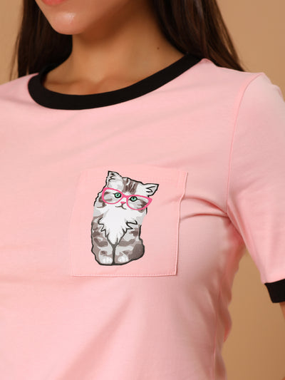Cartoon Cat Print Contrast Crew Neck Short Sleeve T Shirt