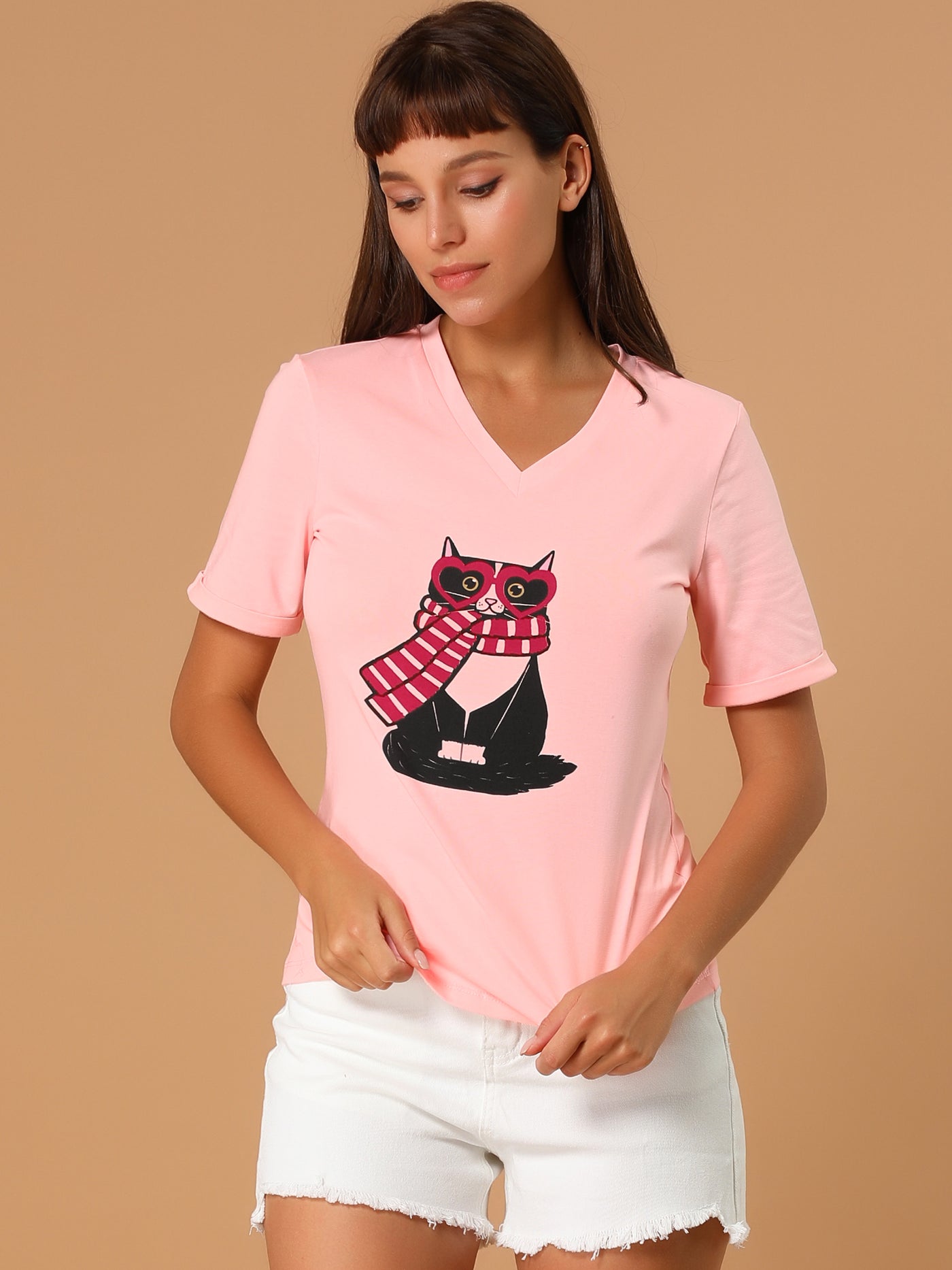 Allegra K V Neck Cartoon Cat Print Cotton Short Sleeve T Shirts
