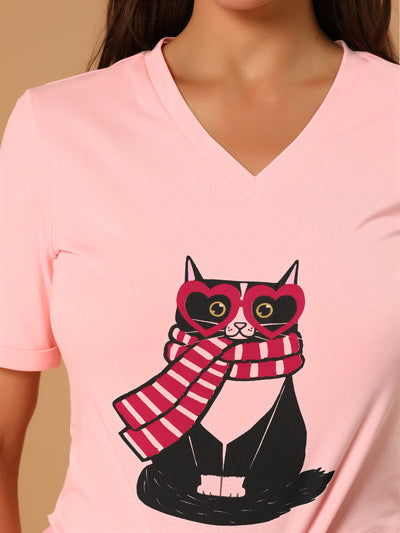 V Neck Cartoon Cat Print Cotton Short Sleeve T Shirts