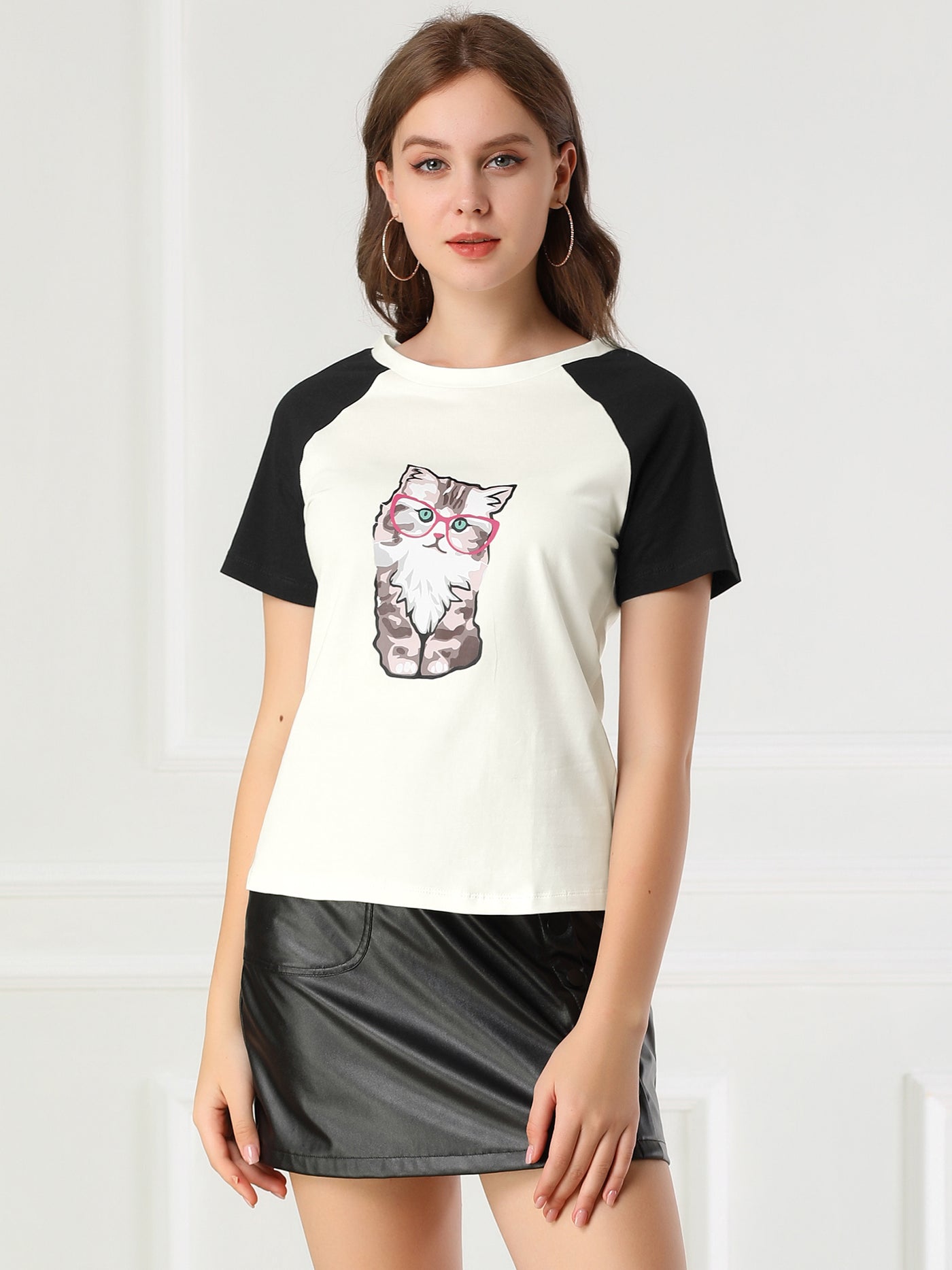 Allegra K Cotton Contrast Color Raglan Sleeve Cat Graphic T-shirt Tee