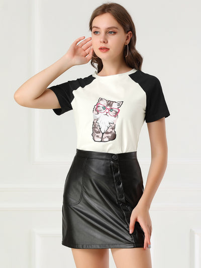 Cotton Contrast Color Raglan Sleeve Cat Graphic T-shirt Tee