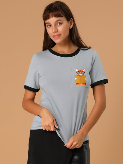 Cartoon Cat Print Contrast Crew Neck Short Sleeve T Shirt