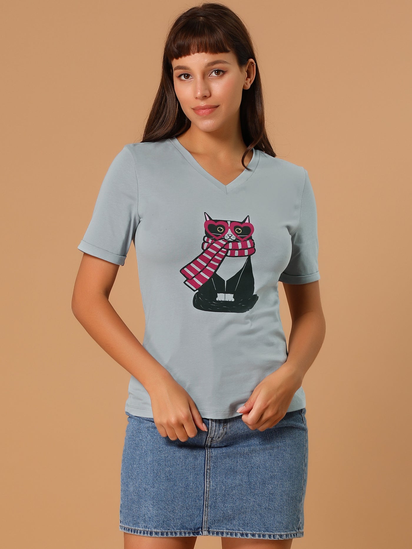 Allegra K V Neck Cartoon Cat Print Cotton Short Sleeve T Shirts