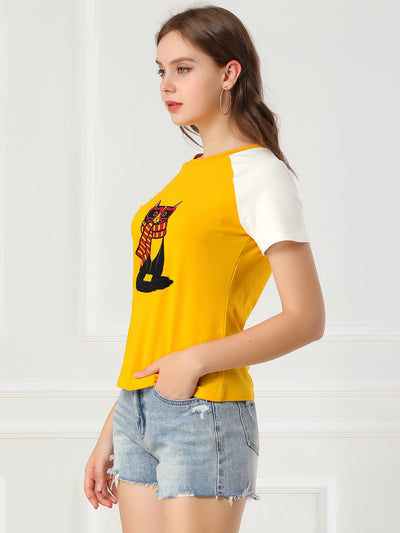 Cotton Contrast Color Raglan Sleeve Cat Graphic T-shirt Tee