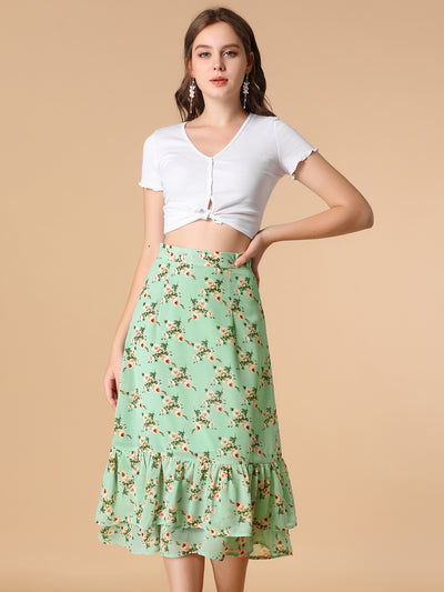 Chiffon Printed Elastic Waist Ruffle Tiered Flowy Midi Skirt
