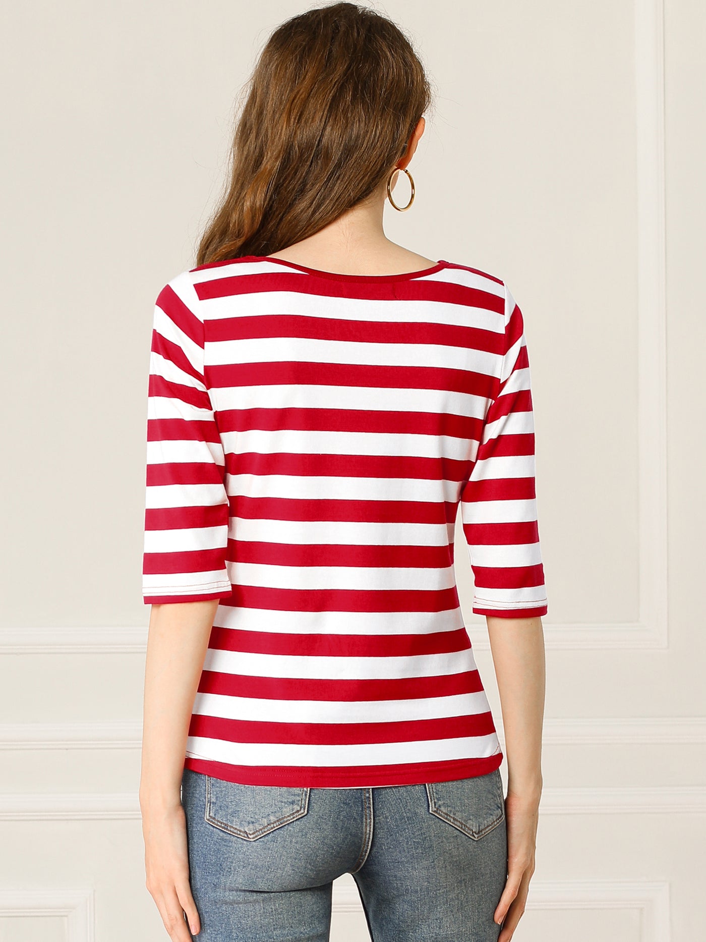 Allegra K Casual Elbow Sleeve Round Neck Striped Printed T-Shirt