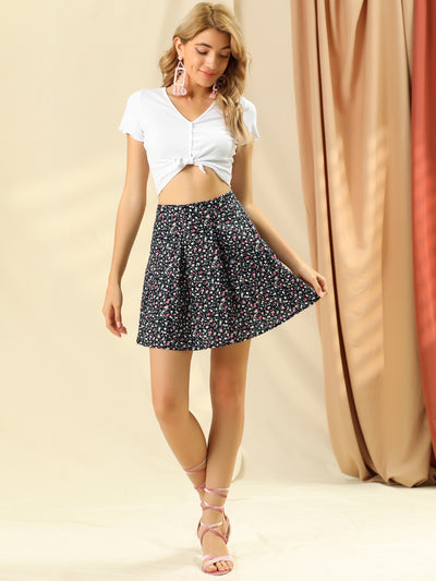 A-Line Pleated Front High Waist Vintage Floral Mini Skirt