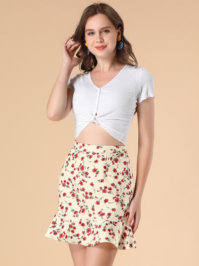 Allegra K Floral Elastic Waistband Ruffled Hem Mini Skirt