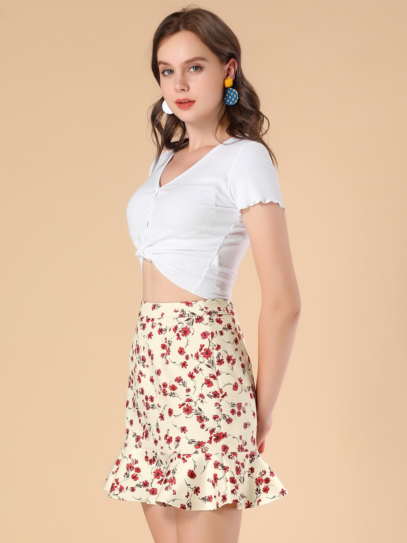Allegra K Floral Elastic Waistband Ruffled Hem Mini Skirt