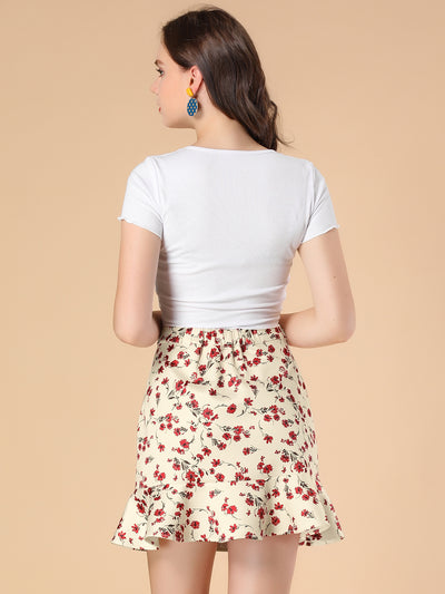 Floral Elastic Waistband Ruffled Hem Mini Skirt