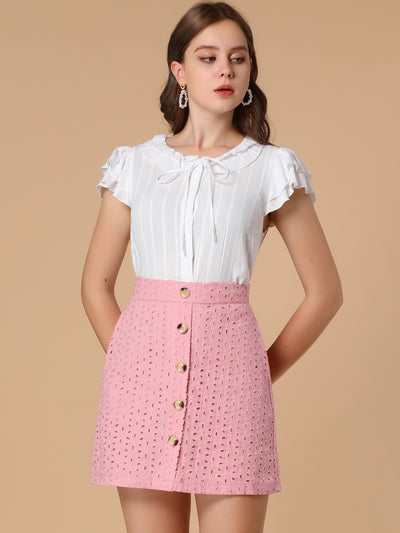 Mini Button Decor Elastic Waist Embroidered A-Line Skirt