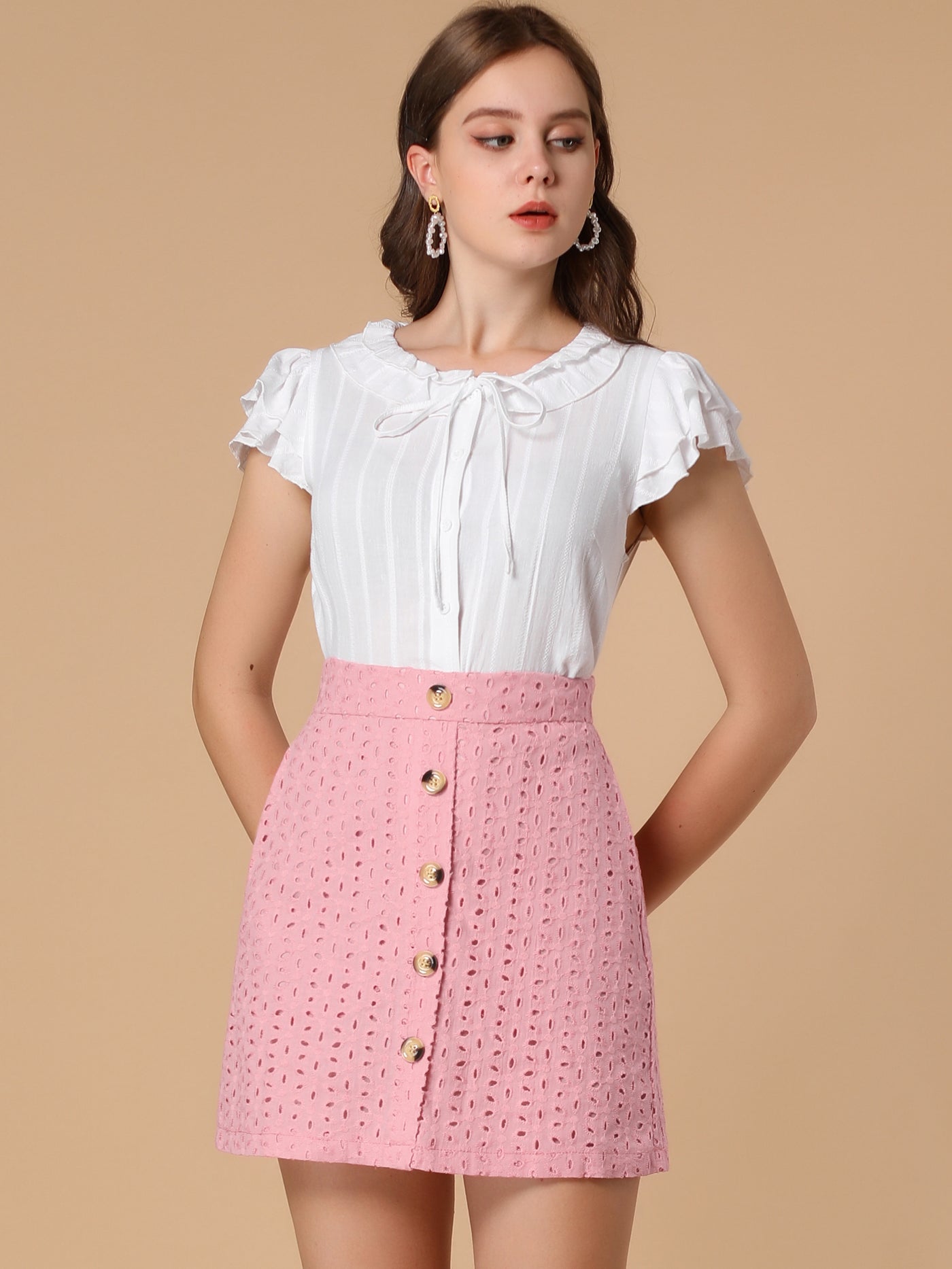 Allegra K Mini Button Decor Elastic Waist Embroidered A-Line Skirt
