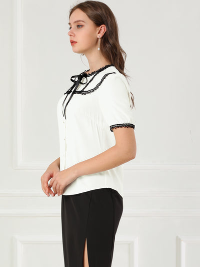 Short Sleeve Blouse Lace Panel Bow Tie Collar Button Down Shirt