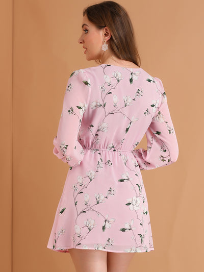 Floral Print A-line V Neck Long Sleeve Chiffon Belted Mini Dress
