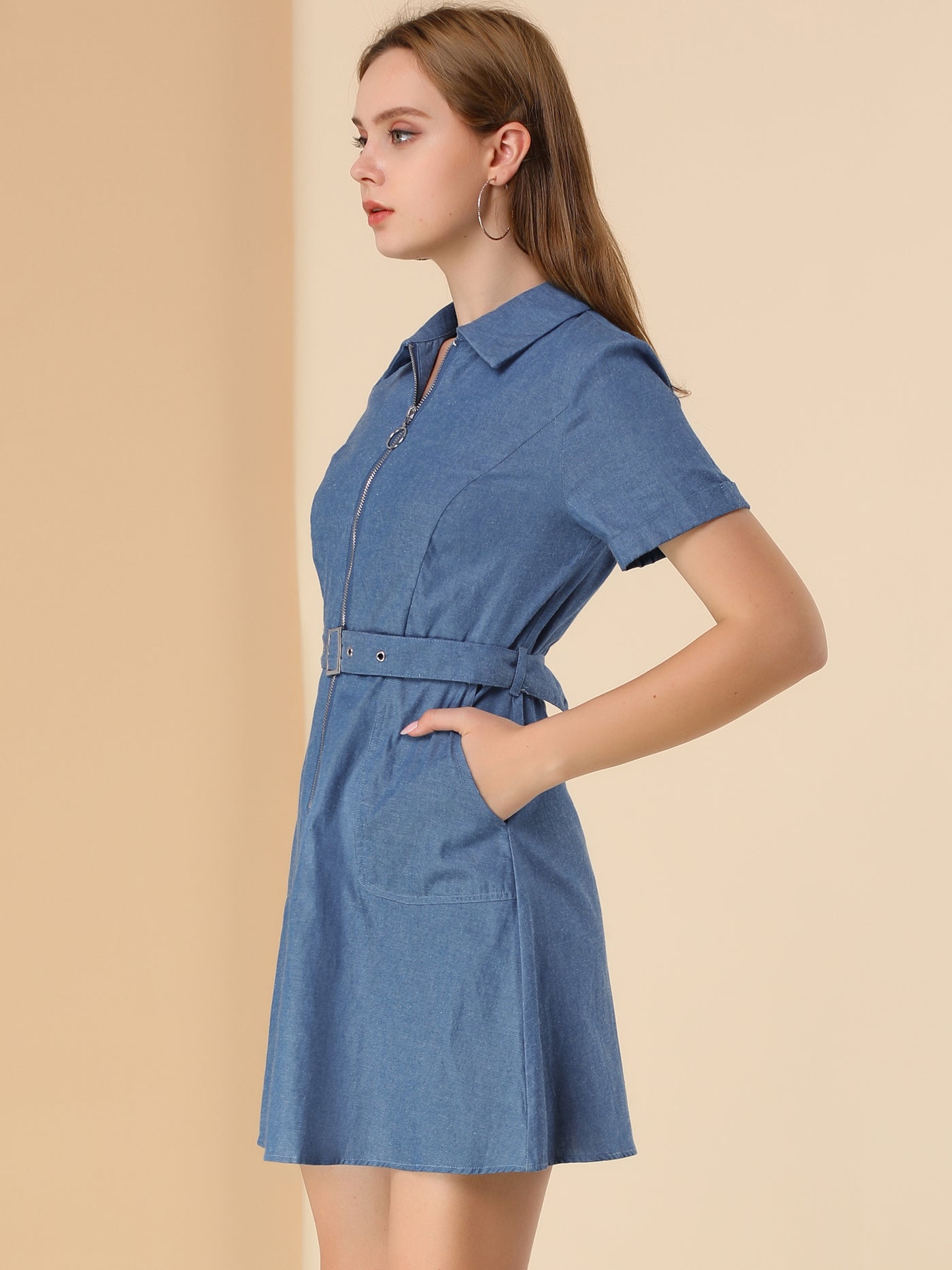 Allegra K Short Sleeve Zipper Front Belt Cotton Pocket Denim Dress