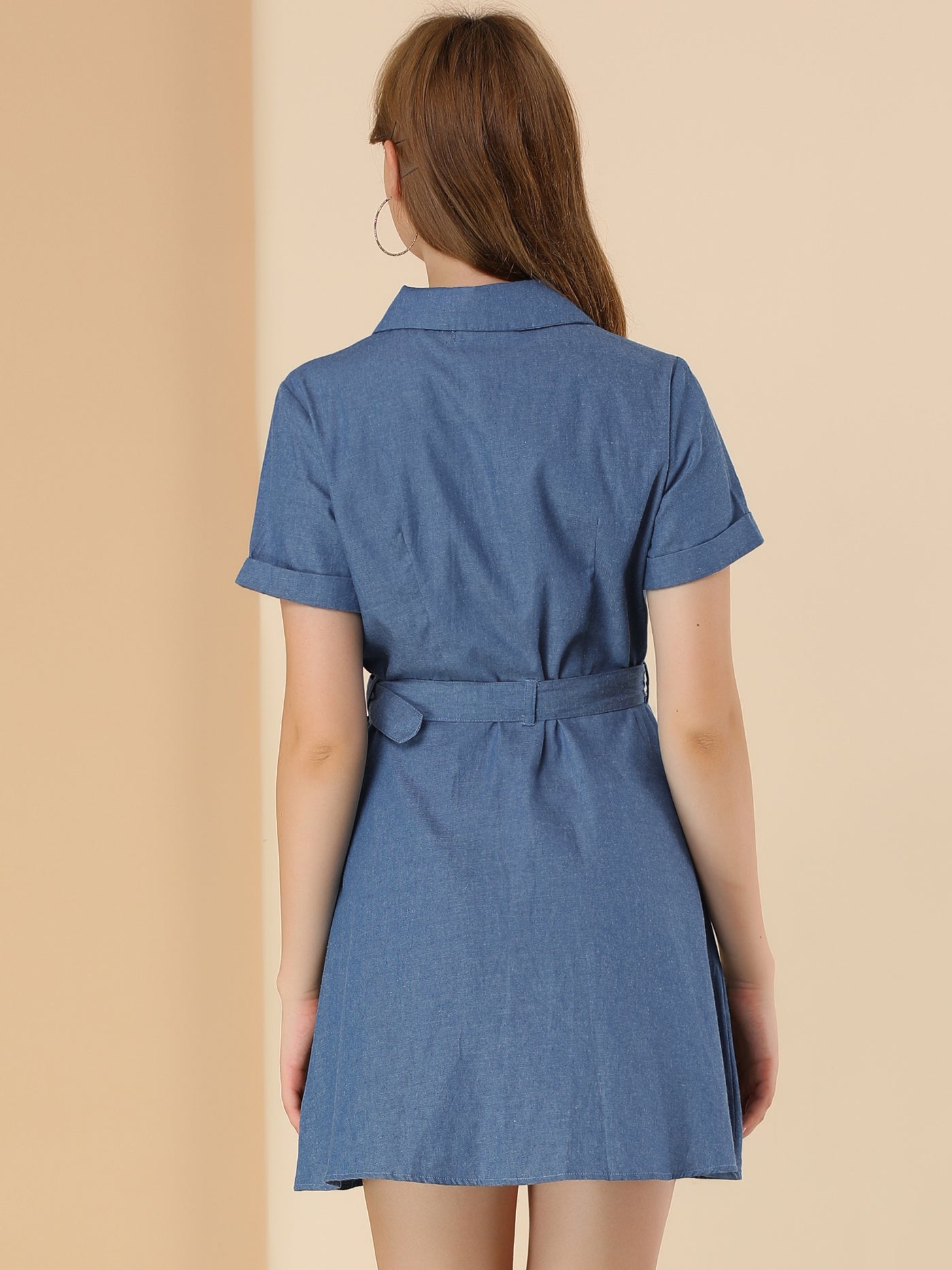 Allegra K Short Sleeve Zipper Front Belt Cotton Pocket Denim Dress