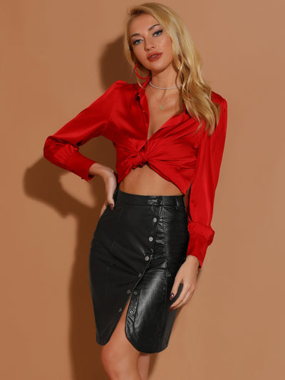 High Waist Button Front PU Faux Leather Skirt