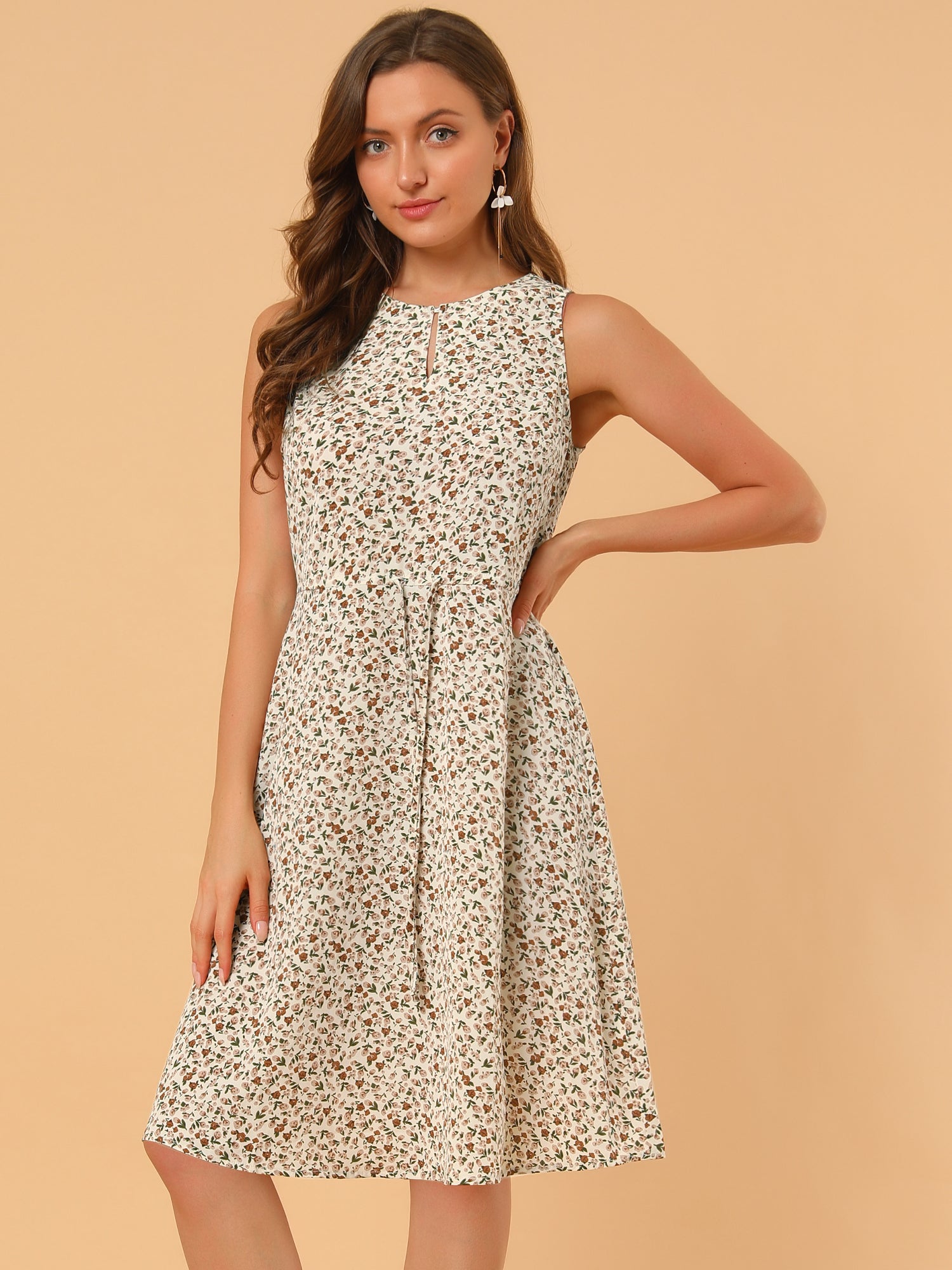 Floral Drawstring Waist Sleeveless A-Line Midi Dress Sundress