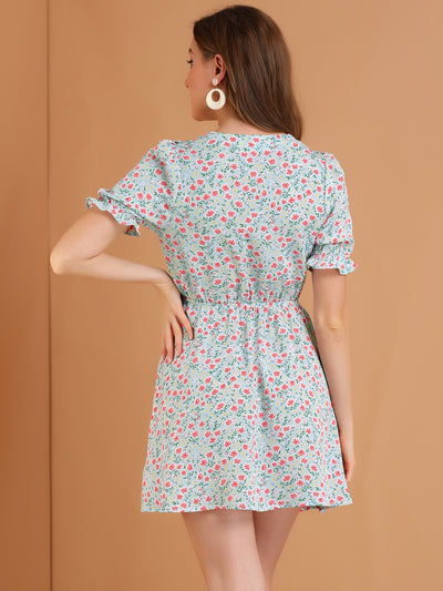 Floral Print Ruffle Front V-Neck Short Puff Sleeve A-Line Dress