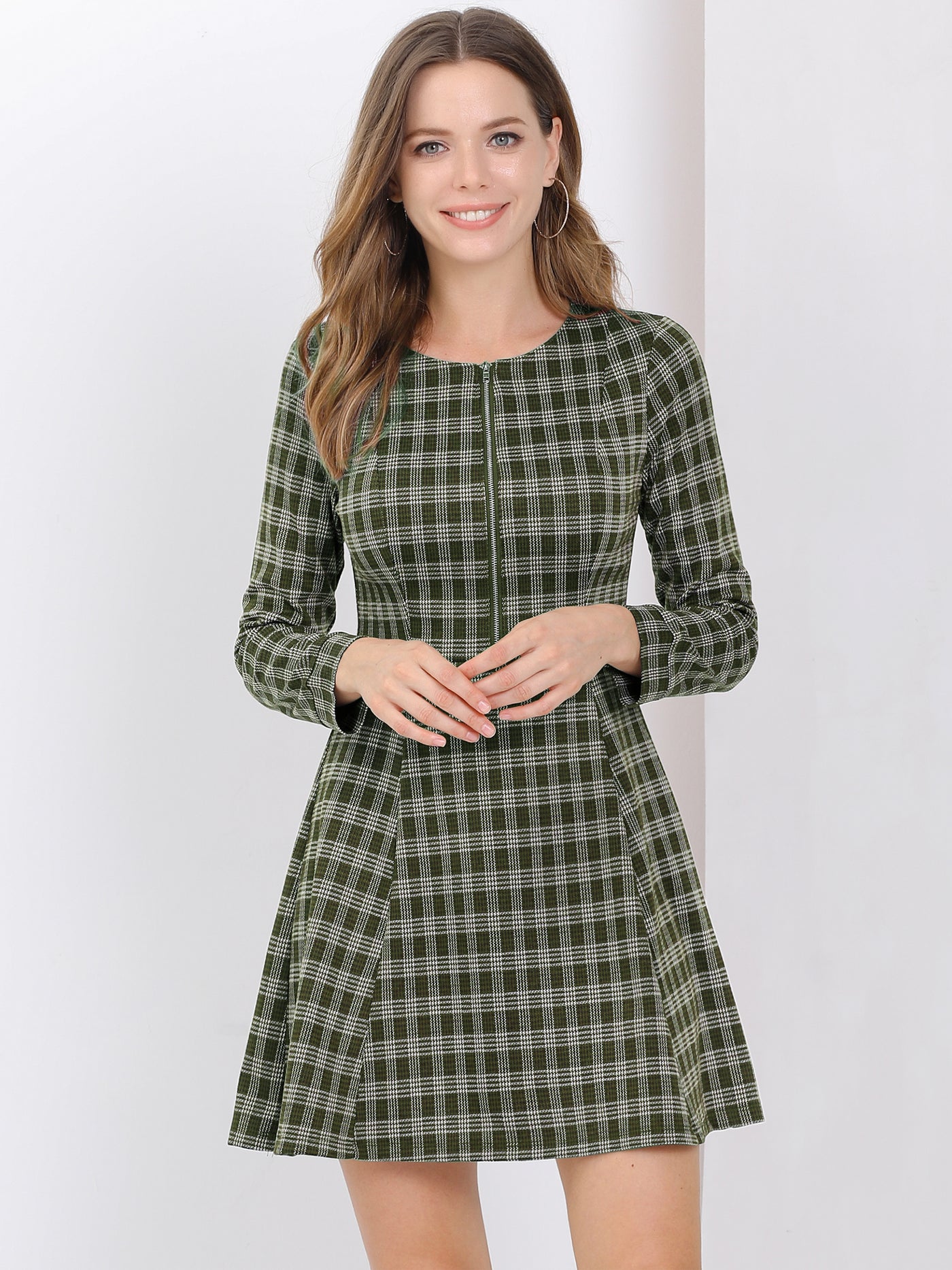 Allegra K Christmas Plaid Long Sleeve Office Zip Up Fit and Flare Mini Dress