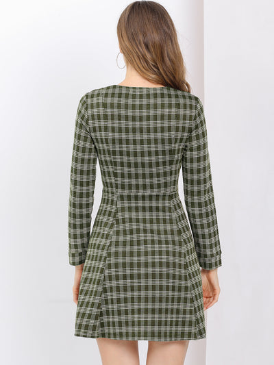 Christmas Plaid Long Sleeve Office Zip Up Fit and Flare Mini Dress