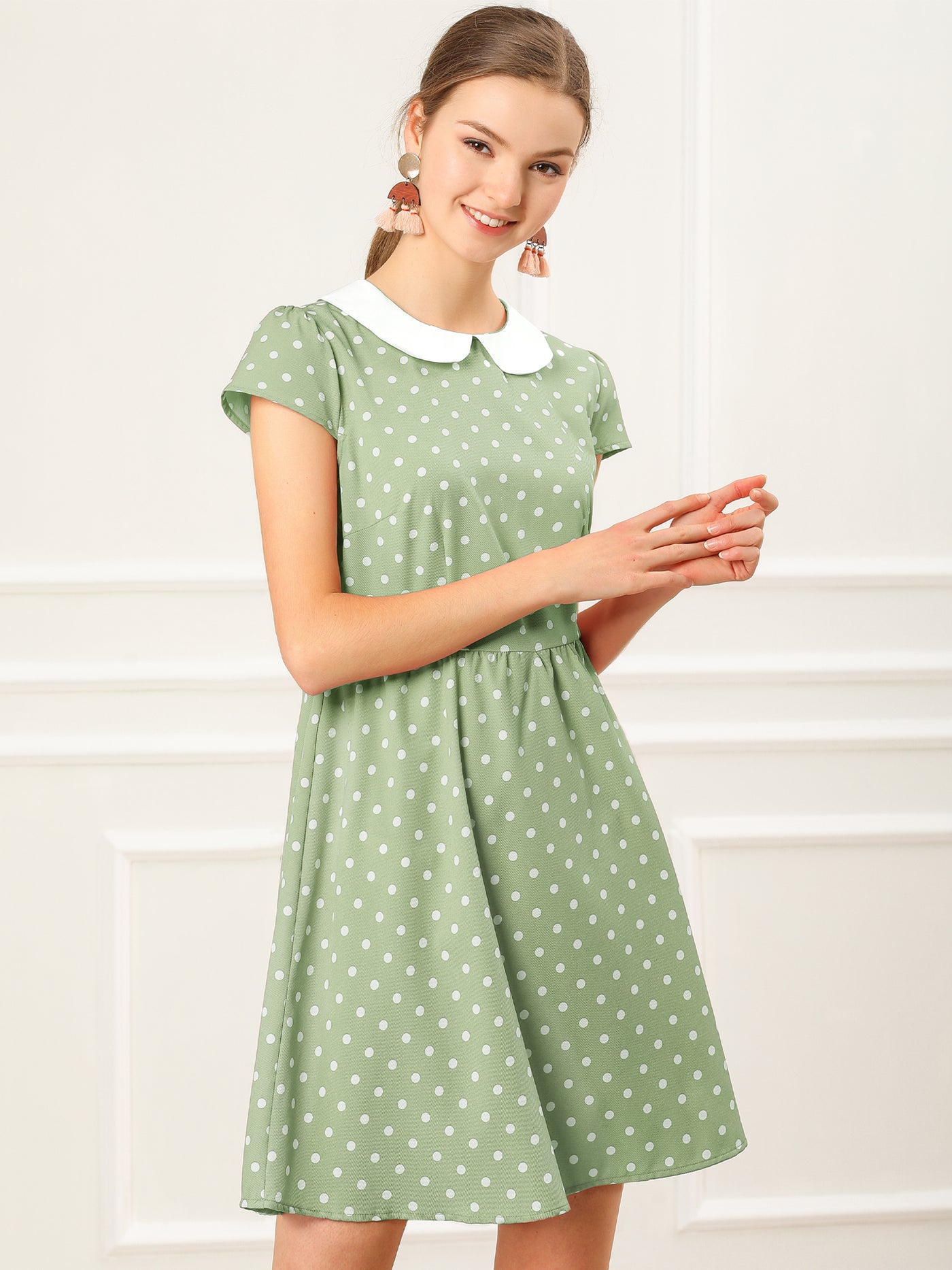 Allegra K Peter Pan Collar Short Sleeve Contrast A-Line Polka Dots Dress