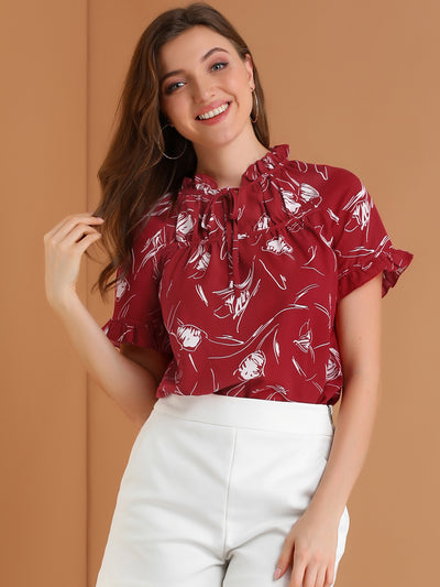 Floral Tie Neck Ruffle Short Sleeve Peasant Blouse Top