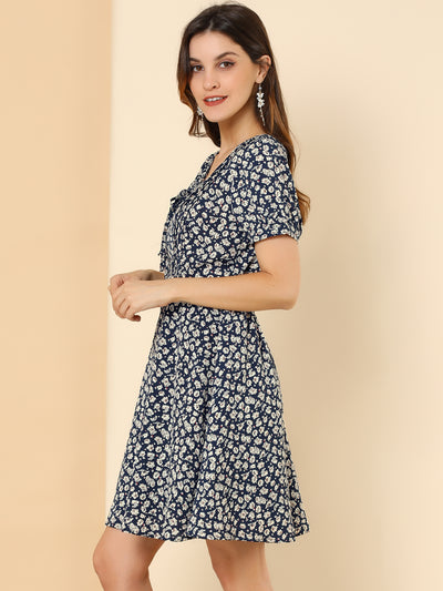 Floral Printed Pleated Front Cute A-Line Summer Dress