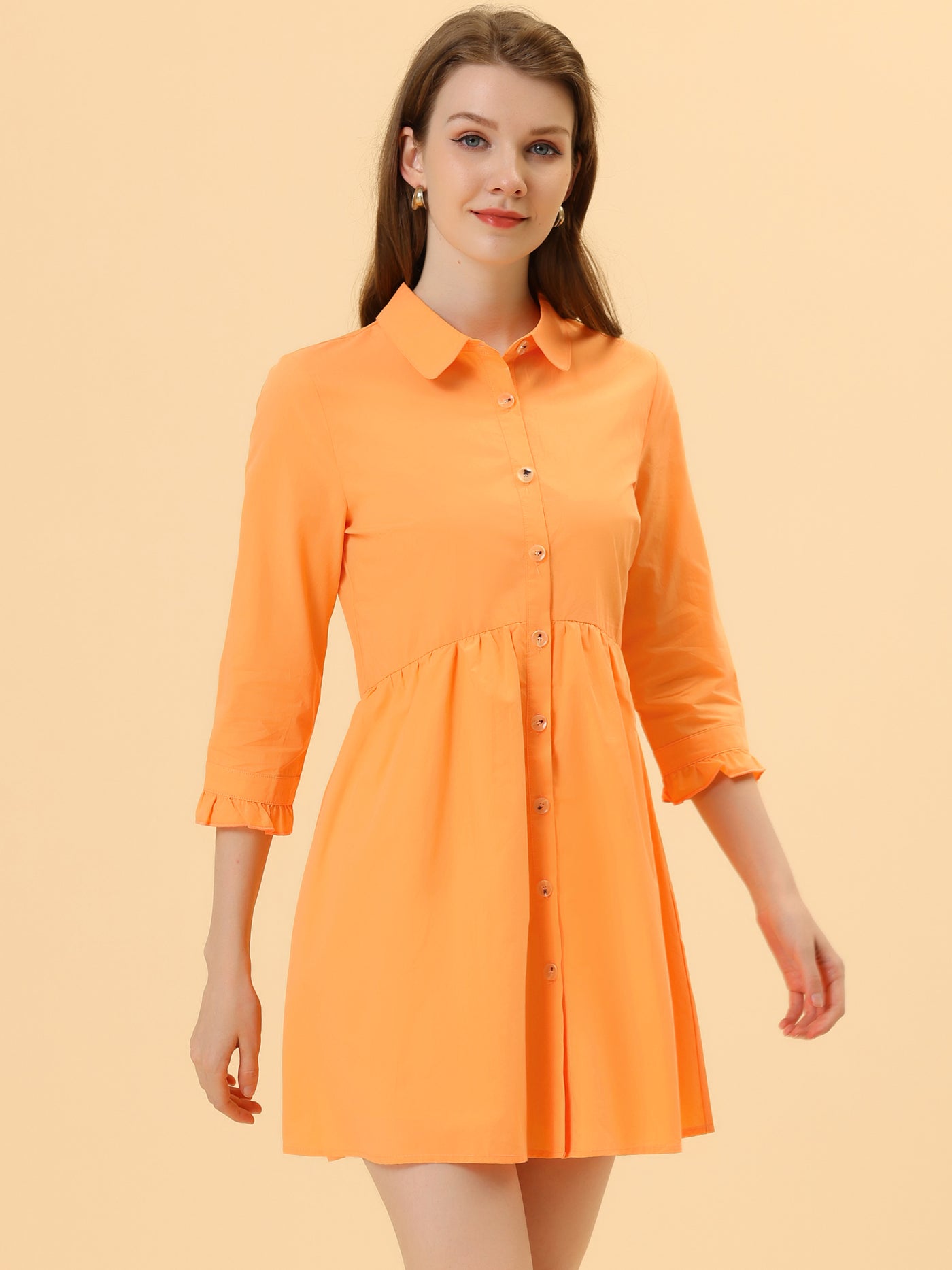 Allegra K Women's Casual Shirt Dress Ruched 3/4 Sleeve Button Up Mini Dresses
