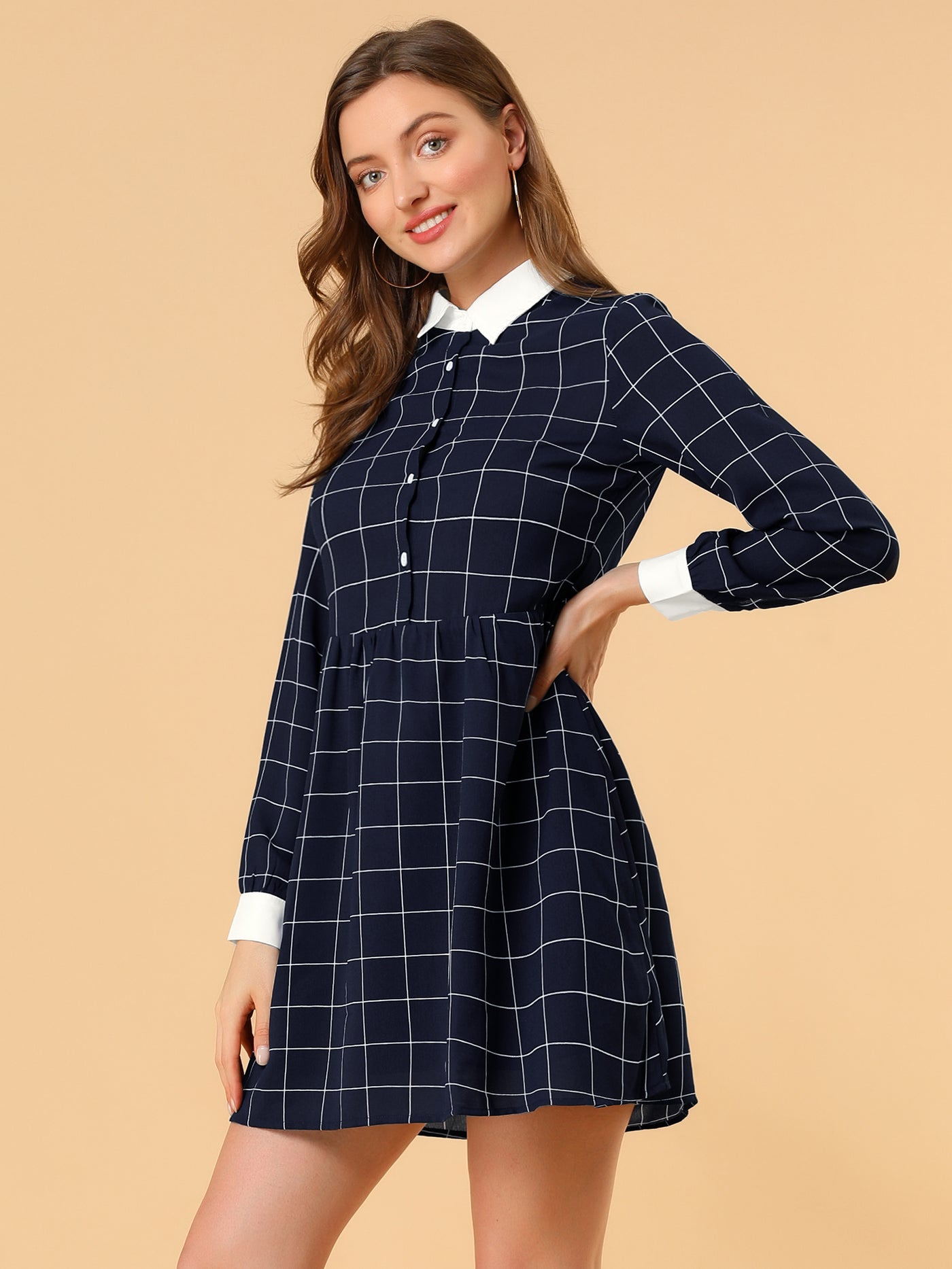 Allegra K Casual Grid Plaid Long Sleeve Contrast Color Collared Shirt Dress