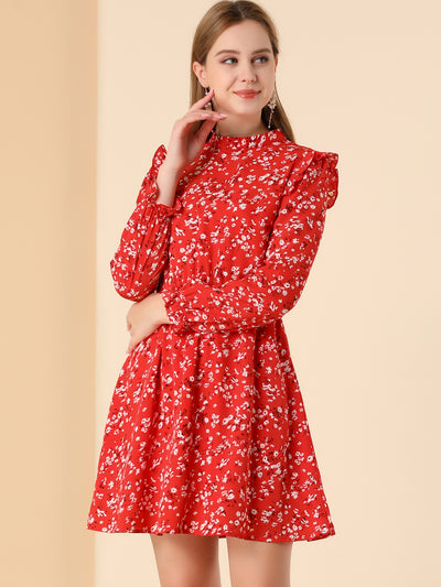 Ruffled Trim Stand Collar Belted Vintage Daisy Floral Dress