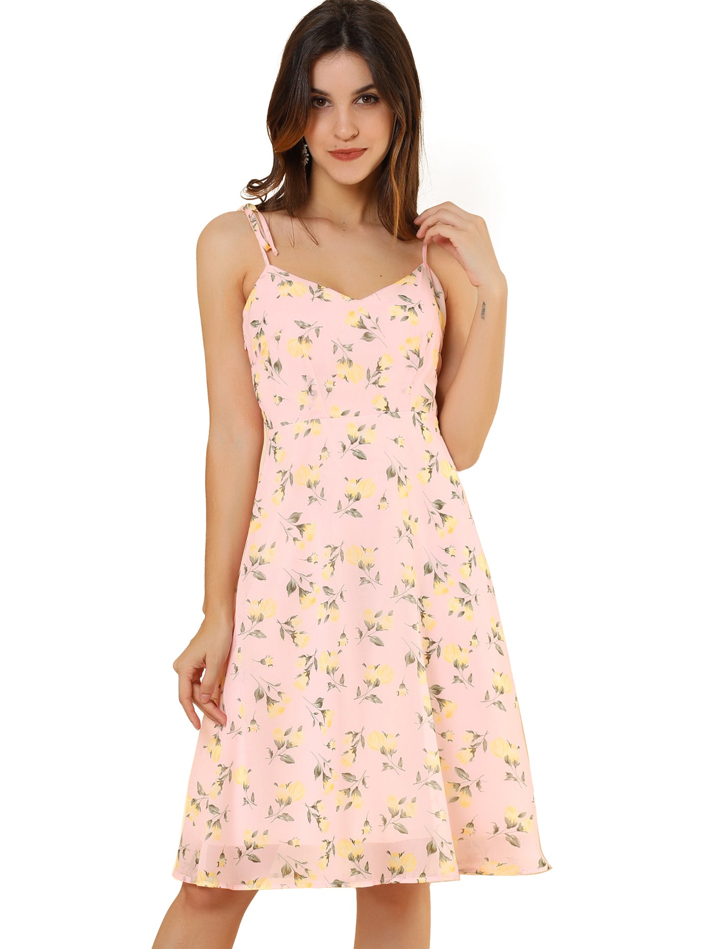 Allegra K Spaghetti Strap Dress A-Line Smocked Beach Summer Floral Sundress