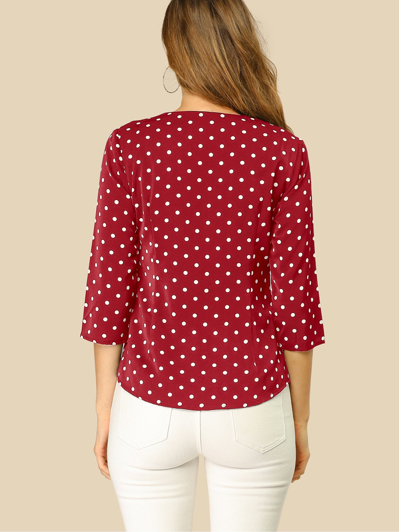 Allegra K Polka Dots 3/4 Sleeve Button Front Vintage Office Blouse Top