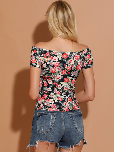 Short Sleeve Off The Shoulder Printed Casual Crop Top