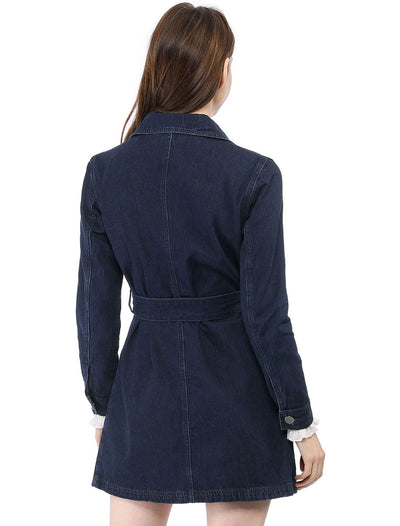 Notched Lapel Belted Trench Long Jean Denim Jacket