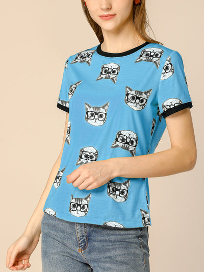 Cat Contrast Cartoon Pet Print Tee Ringer Casual Summer T-shirt Tops