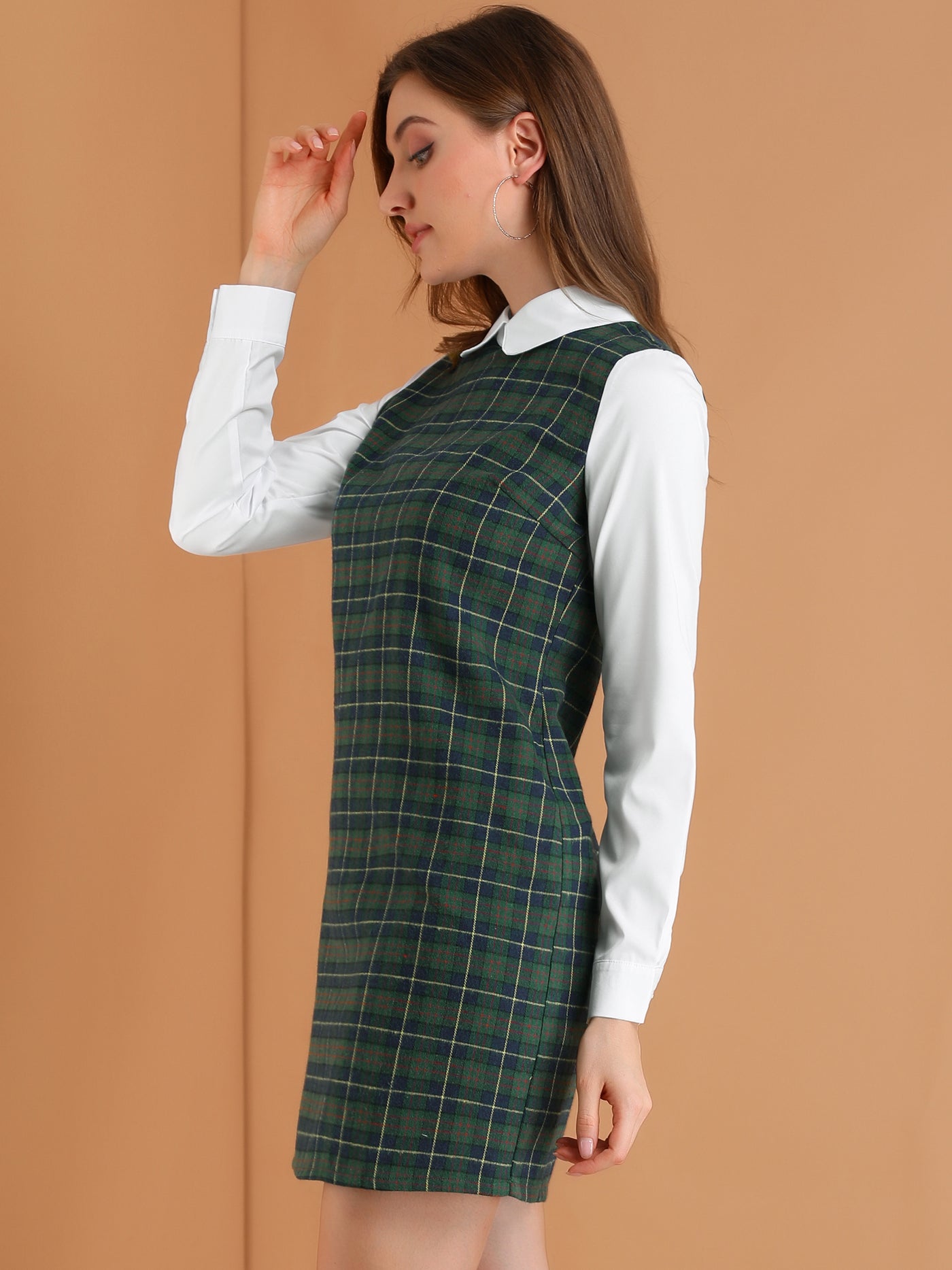 Allegra K Contrast Peter Pan Collar Long Sleeve Shift Plaid Dress