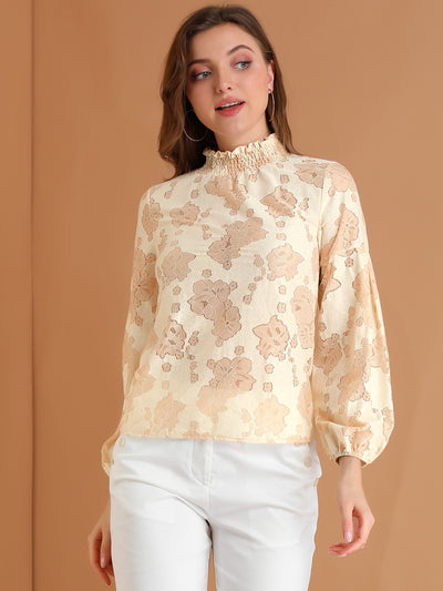 Floral Lace Top Turtleneck Puff Long Sleeve See Through Sheer Blouse