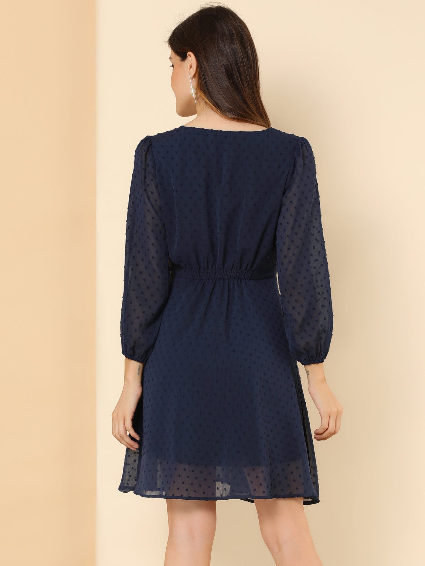 Allegra K Swiss Dots Elastic Waist 3/4 Sleeve A-line Solid Flowy Chiffon Dress