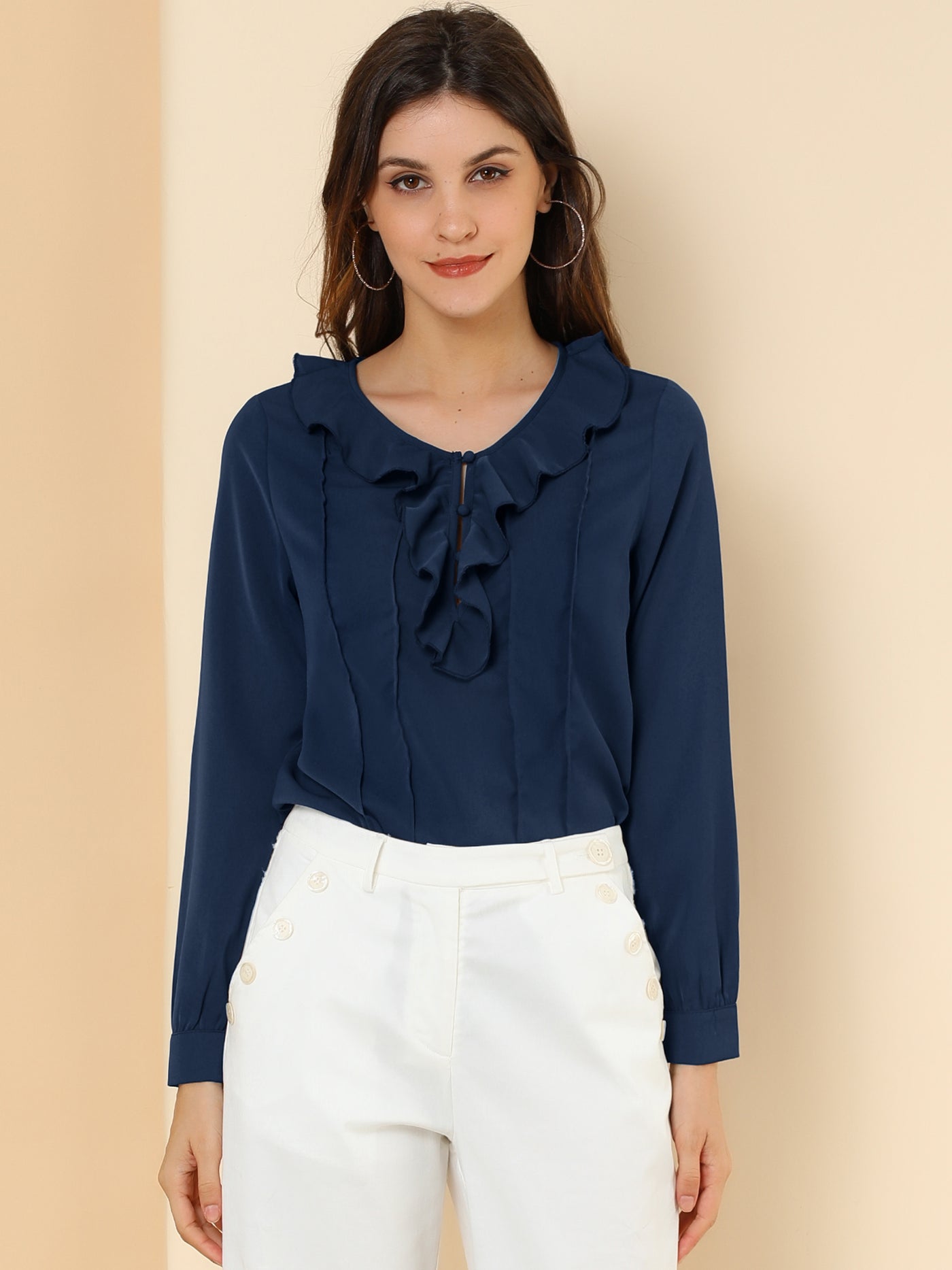 Allegra K Ruffle Neck Pleated Business Casual Henley Button Up Peasant Blouse