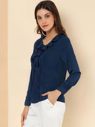 Ruffle Neck Pleated Business Casual Henley Button Up Peasant Blouse