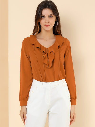 Ruffle Neck Pleated Business Casual Henley Button Up Peasant Blouse