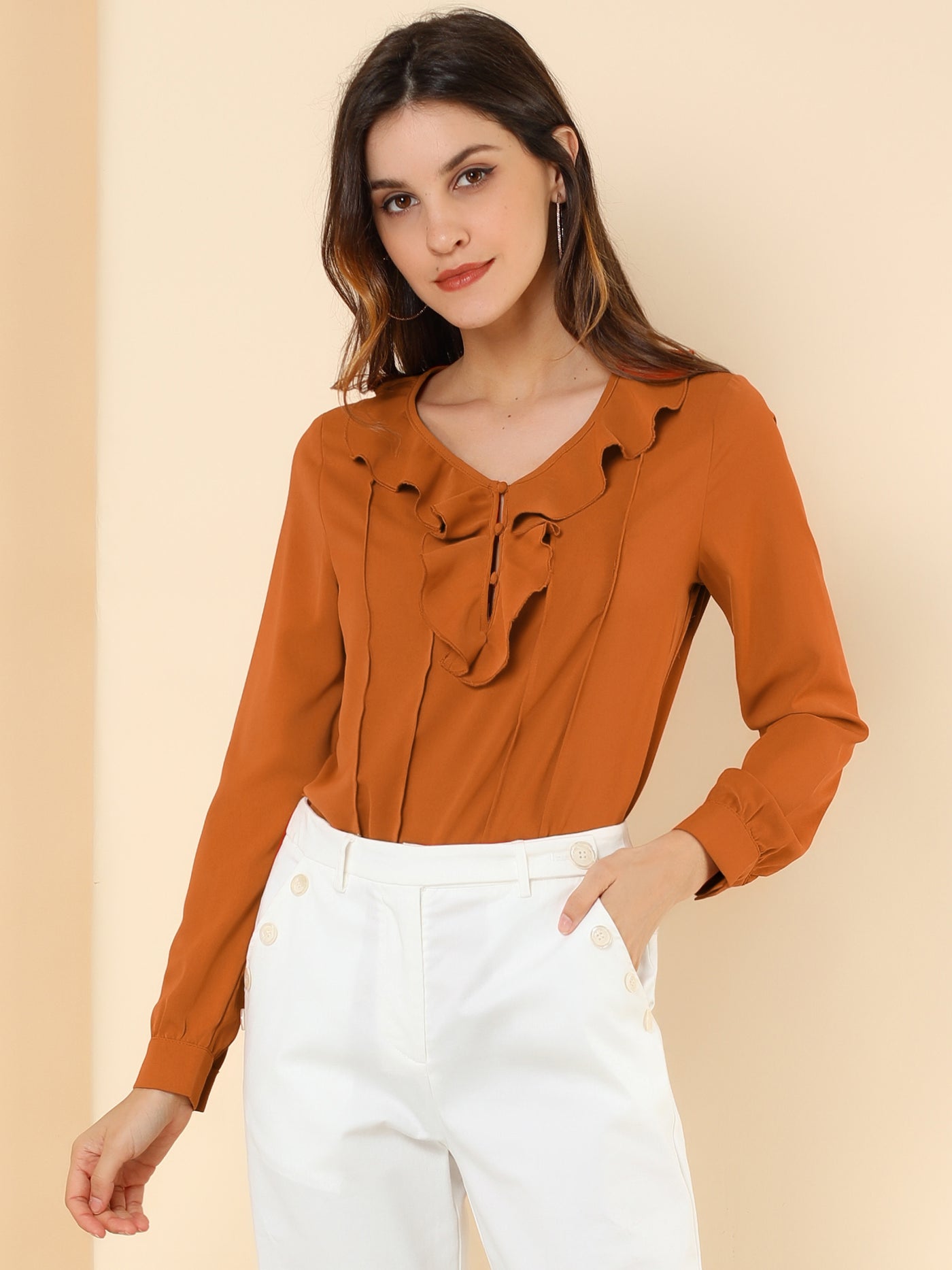 Allegra K Ruffle Neck Pleated Business Casual Henley Button Up Peasant Blouse
