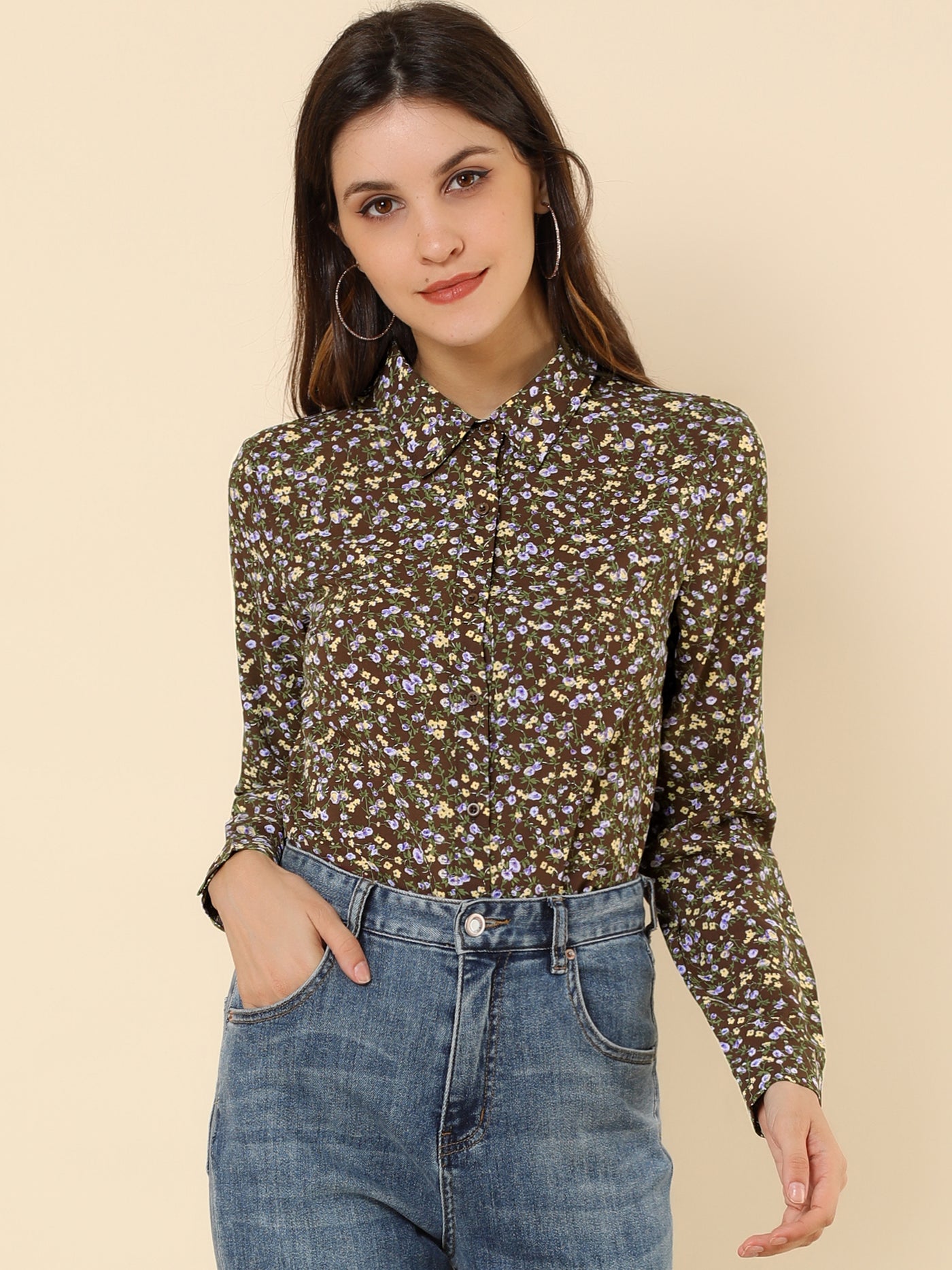 Allegra K Button Down Floral Long Sleeve Point Collar Blouse