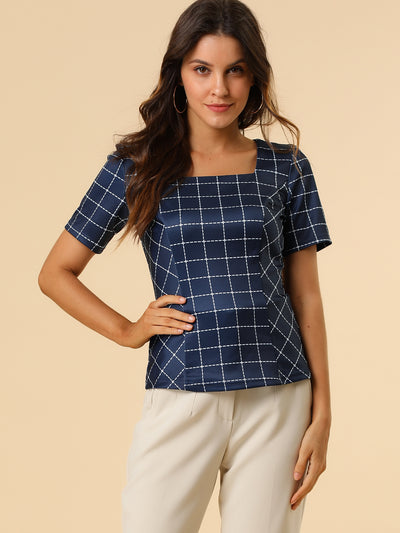 Summer Square Neck Check Stretchy Plaid Short Sleeve Blouse